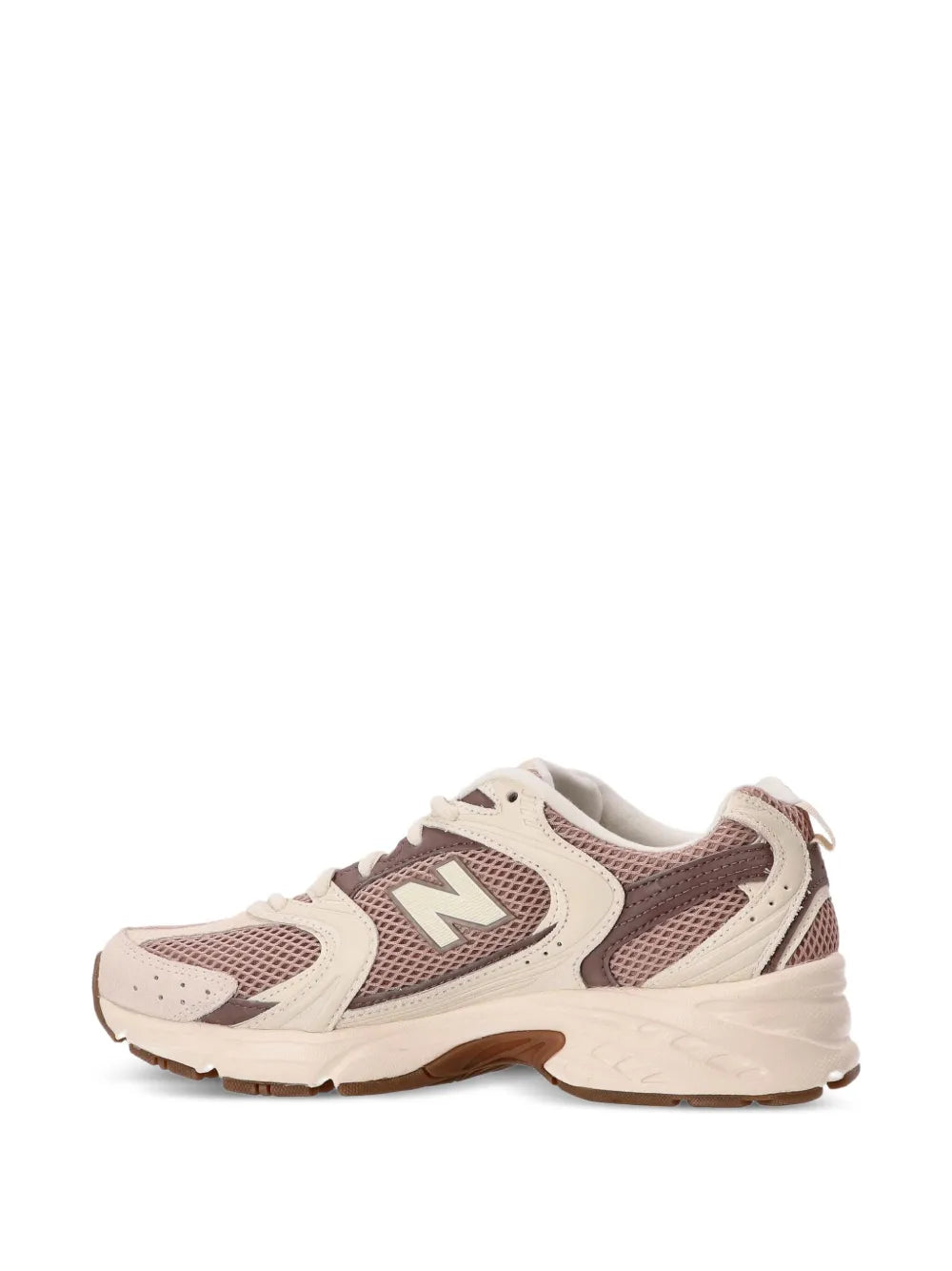 Cream and light pink lace-up trainers with N logo and brown rubber outsole