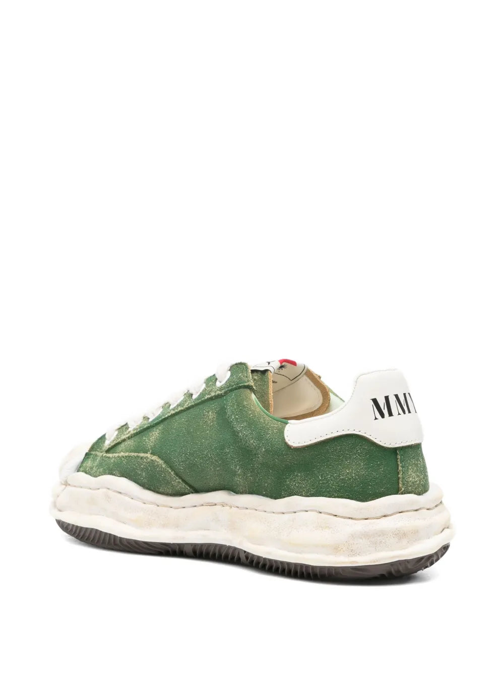 Green lace-up sneakers with MMY logo on heel tab, white laces, cream midsole