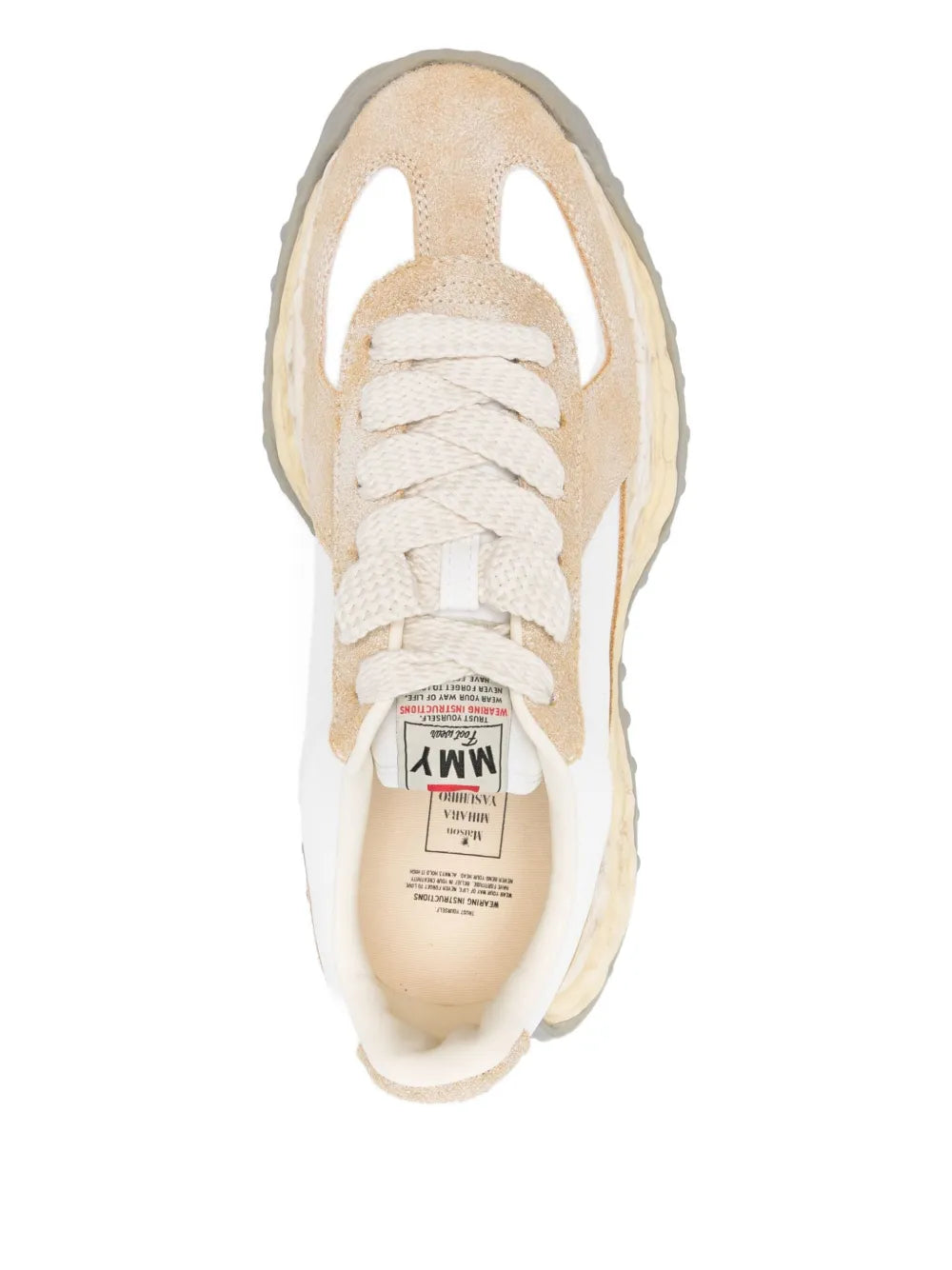 Beige and white lace-up sneakers with tongue label and padded collar