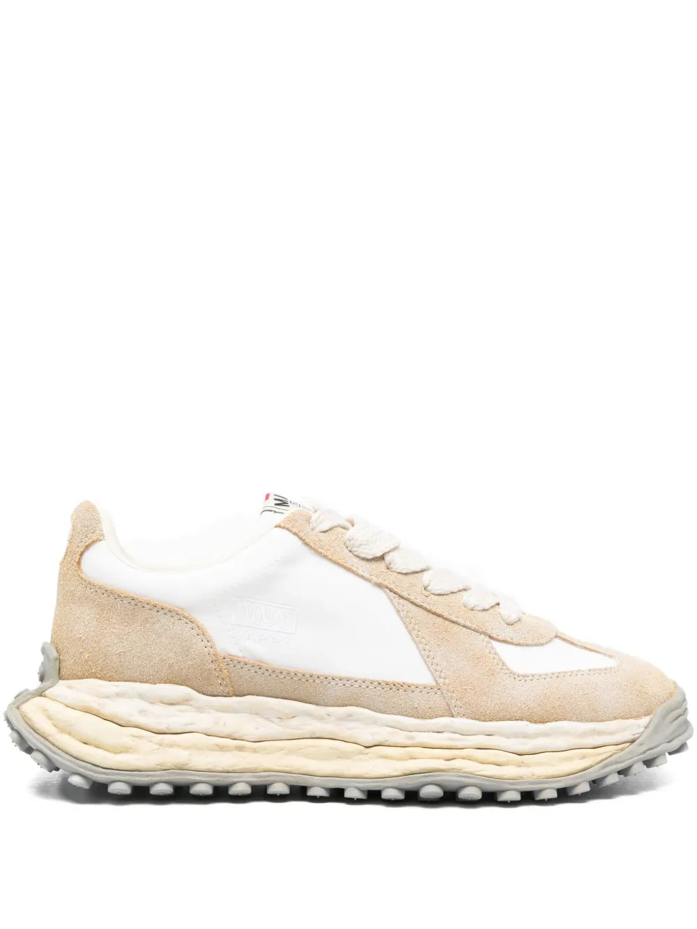 Paneled lace-up sneakers in white and beige with chunky ridged rubber sole