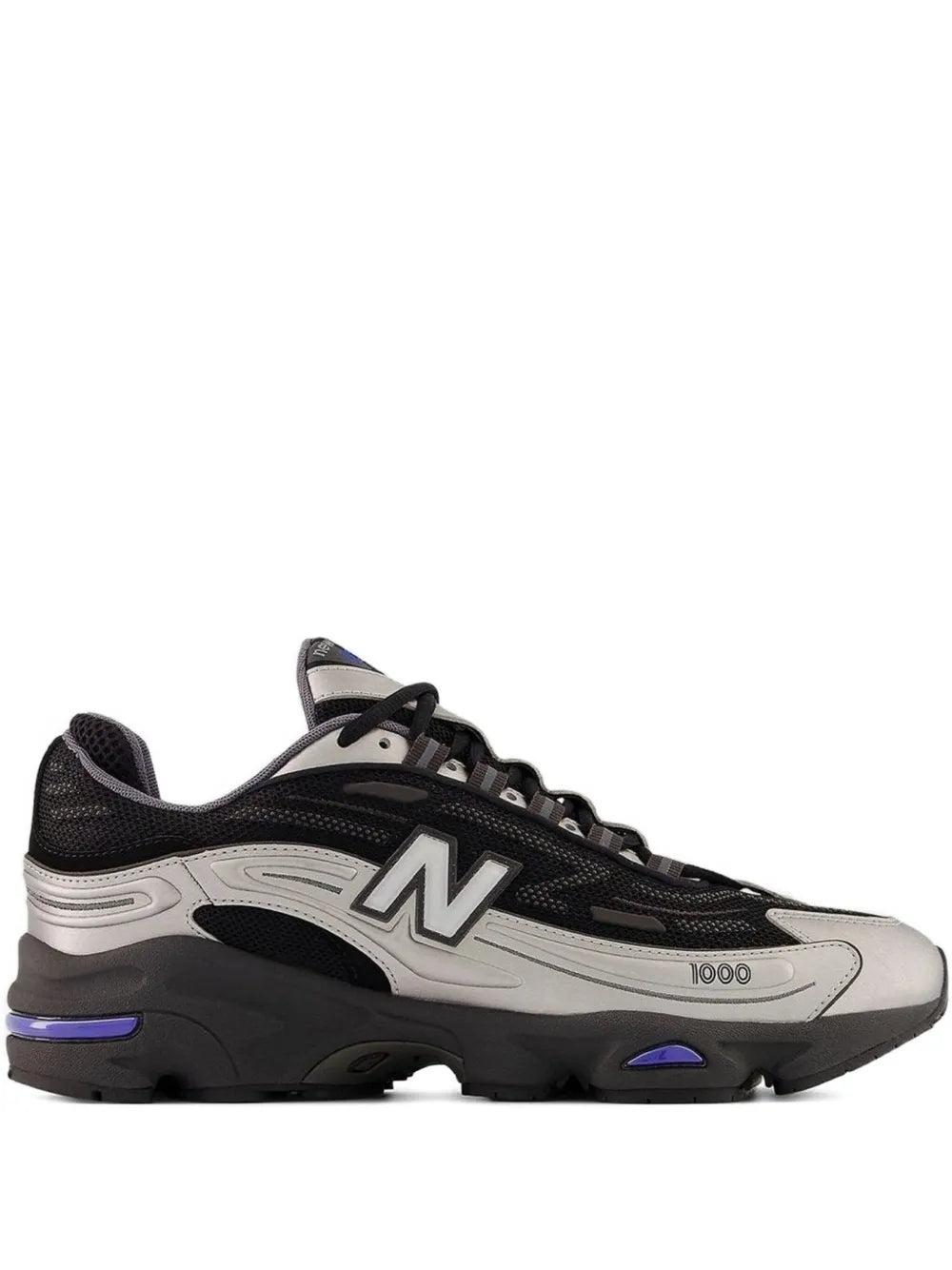 New Balance 1000 low-top sneakers, black with light gray panels and chunky sole