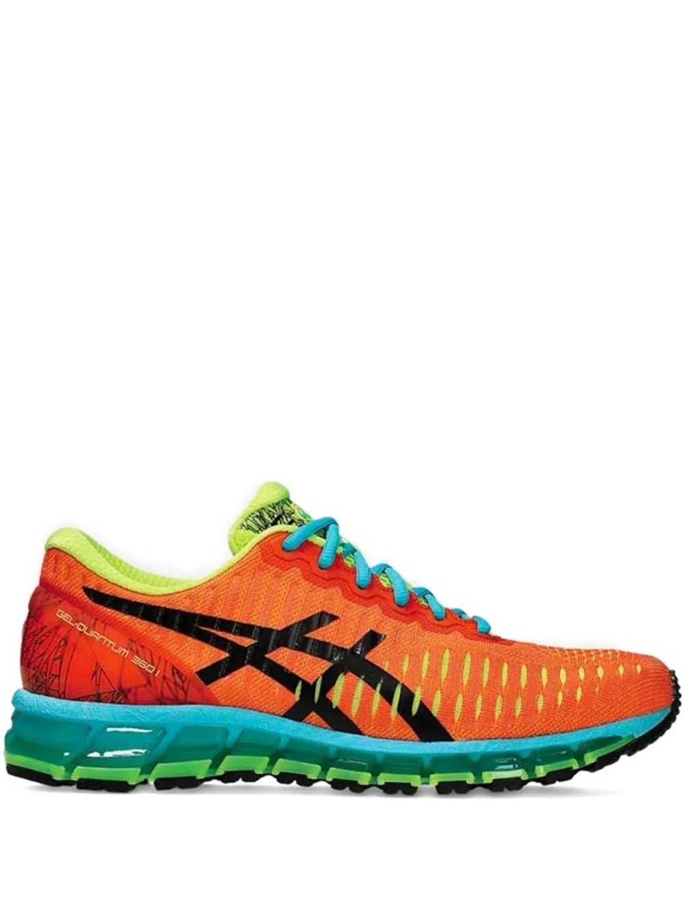 Asics Gel-Quantum 360 orange running sneaker with black stripes and teal laces