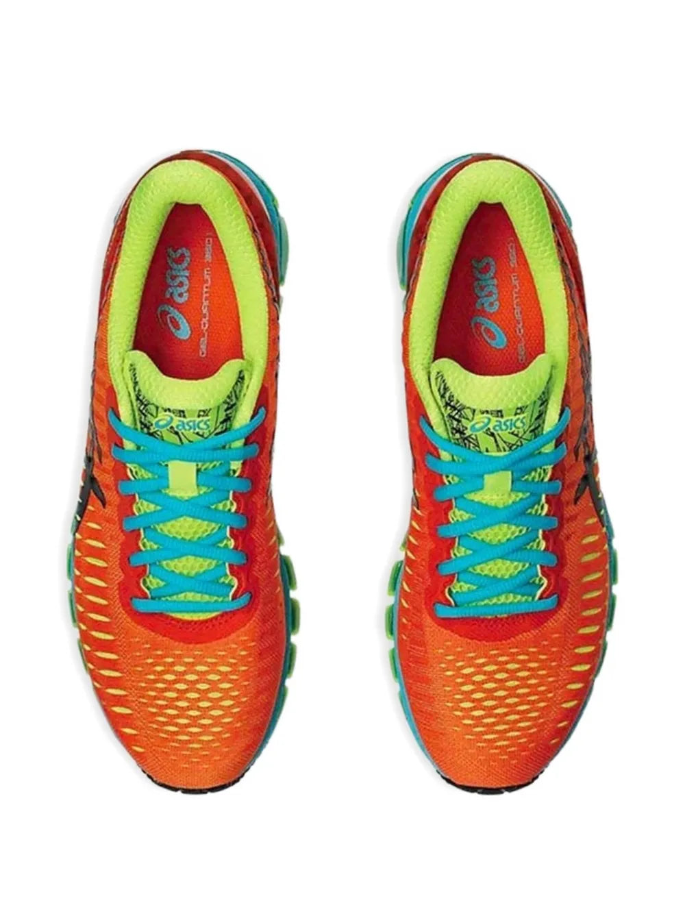 Asics Gel-Quantum 360 sneakers with orange mesh, lime collar, teal laces, and green accents