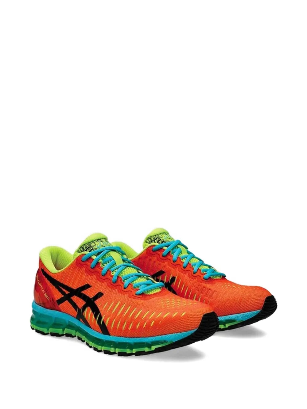 Asics Gel-Quantum 360 orange sneakers with teal laces, black logo, and green outsole