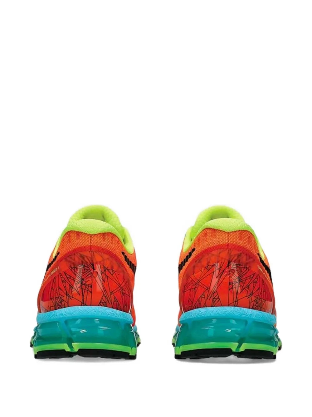 Asics Gel-Quantum 360 heel view in orange with lime back collar and teal midsole