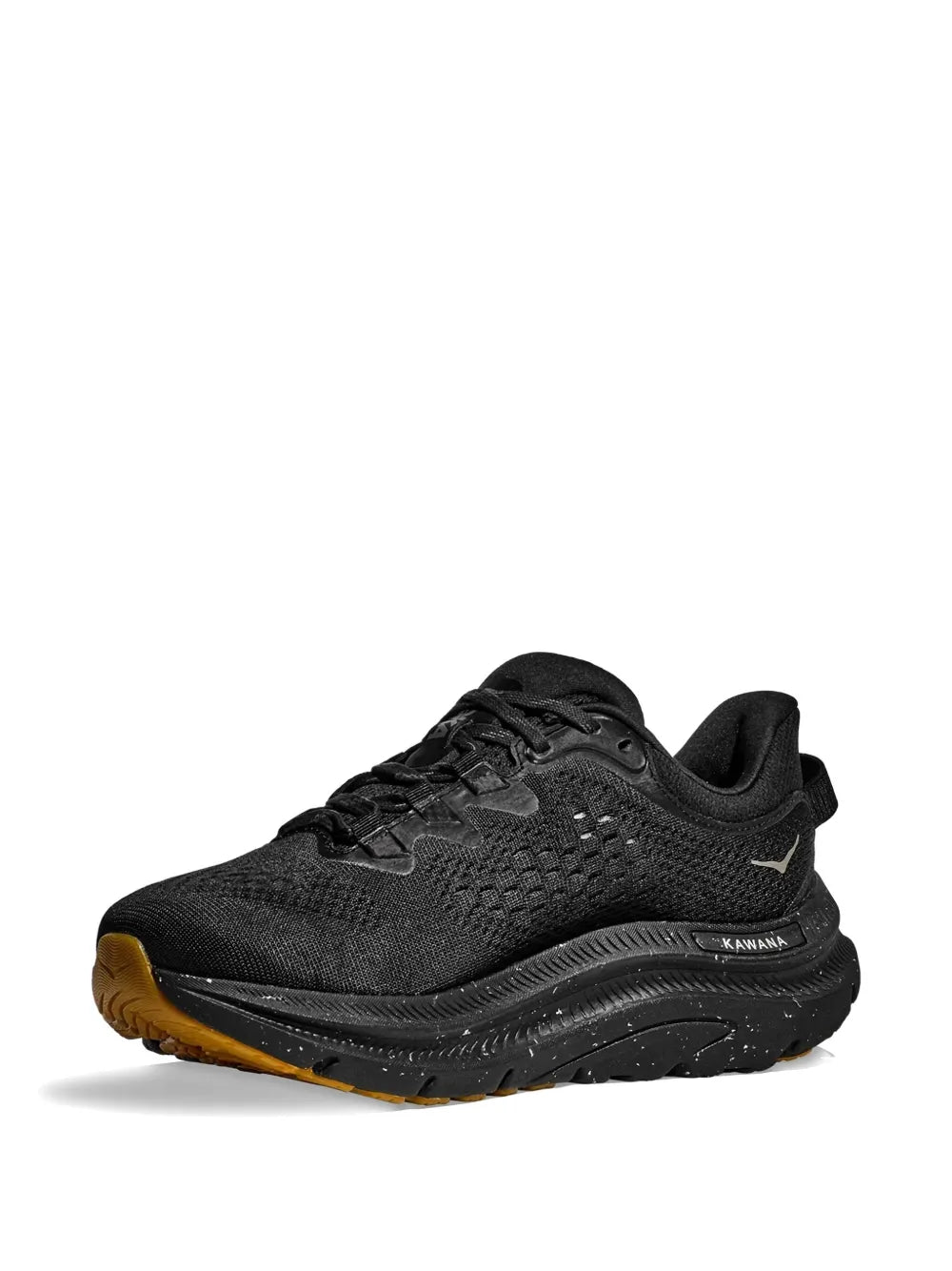 Hoka black lace-up sneakers with perforated upper and cushioned sole, 3/4 view.