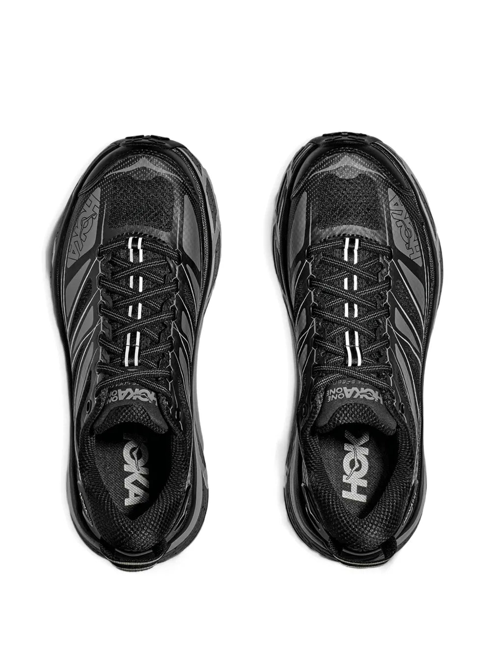 Hoka Mafate Speed 2 black sneakers, pair view with lace-up mesh uppers
