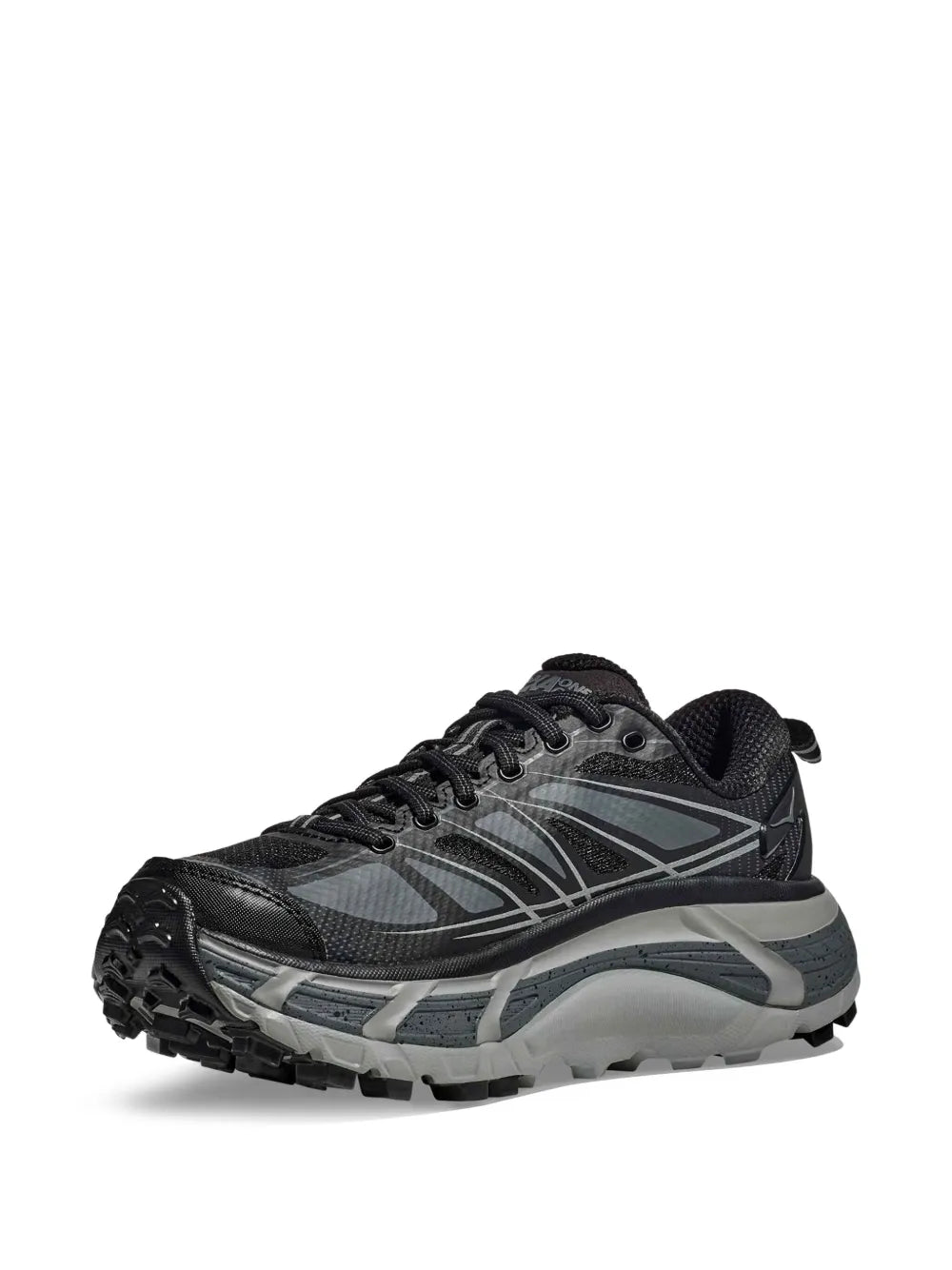 Hoka Mafate Speed 2 black trail sneakers, side view with rugged tread outsole
