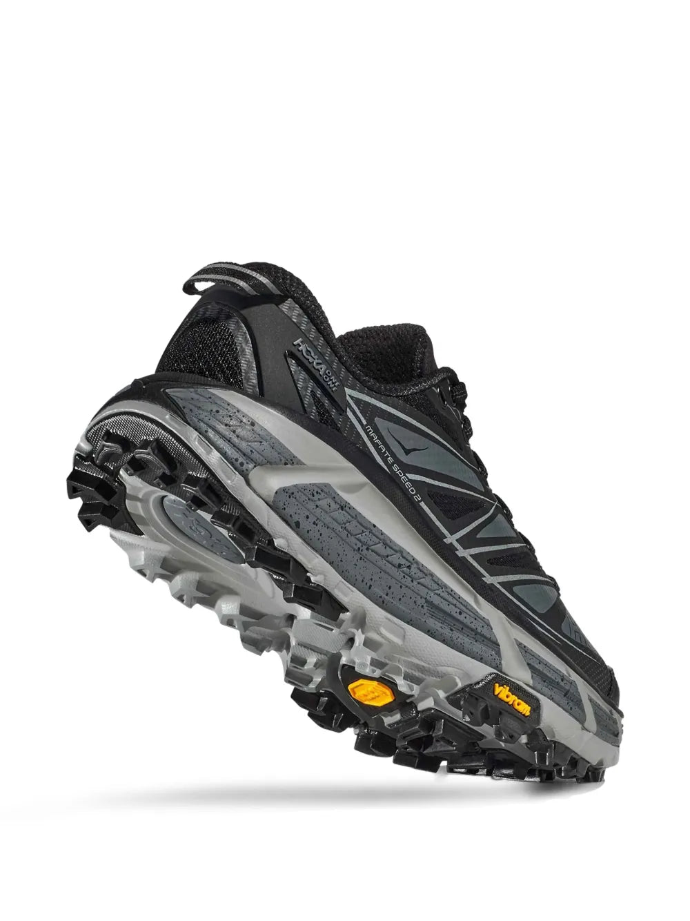 Hoka Mafate Speed 2 black trail sneakers, outsole detail with deep traction lugs