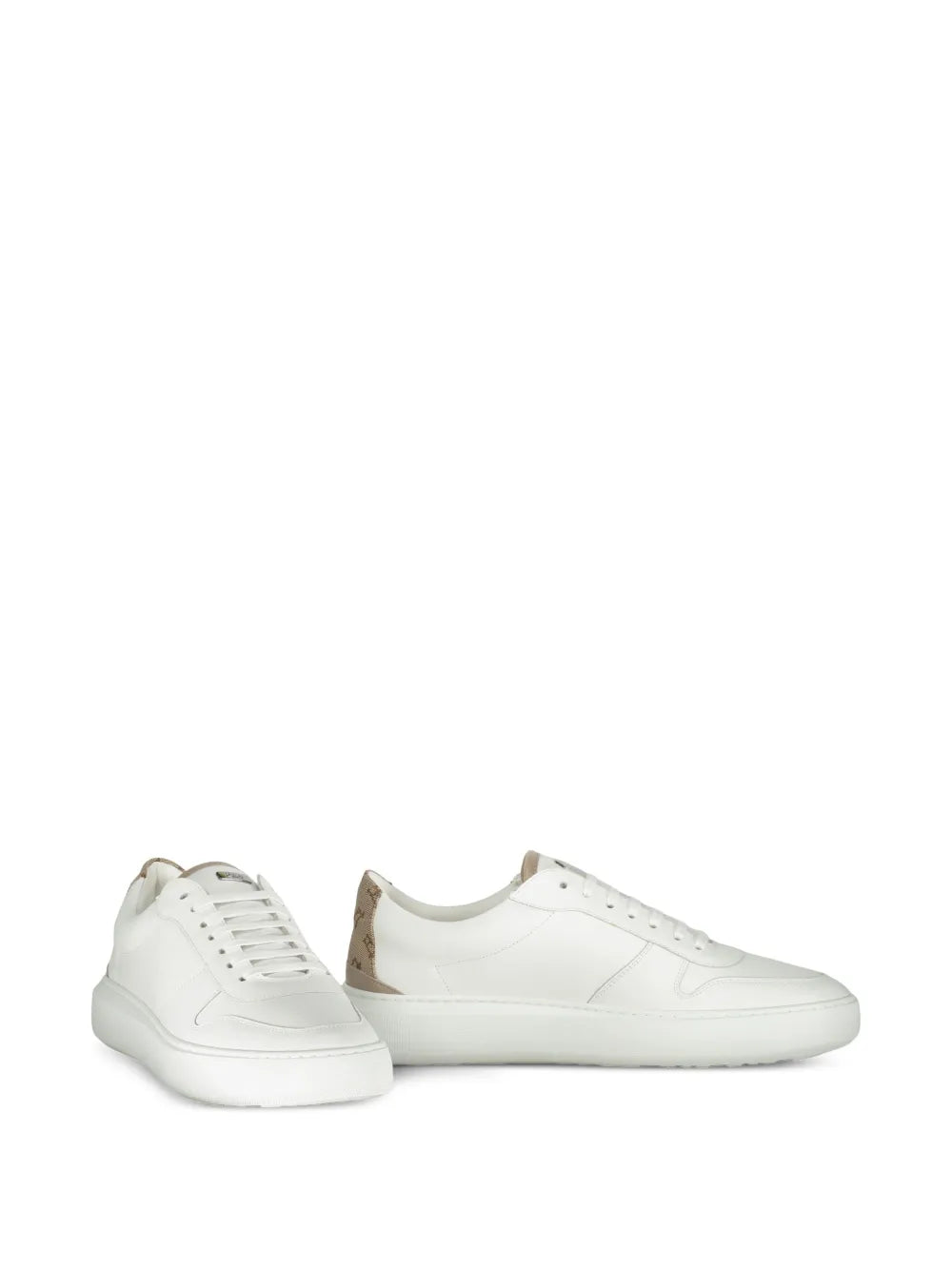 White leather-panelled low-top sneakers pair, lace-up with tan heel detail