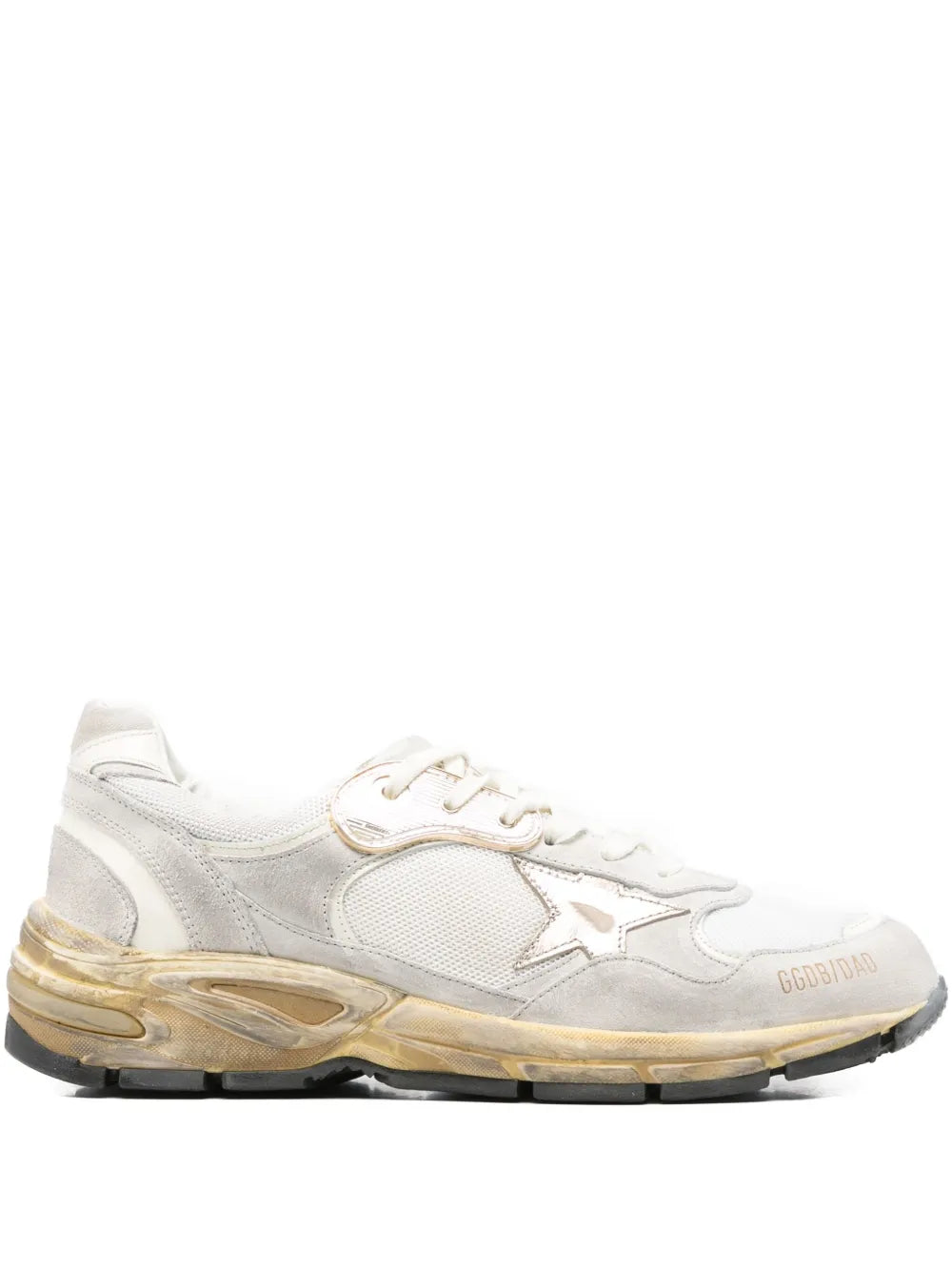 White leather dad sneakers with gold foil details and chunky rubber sole