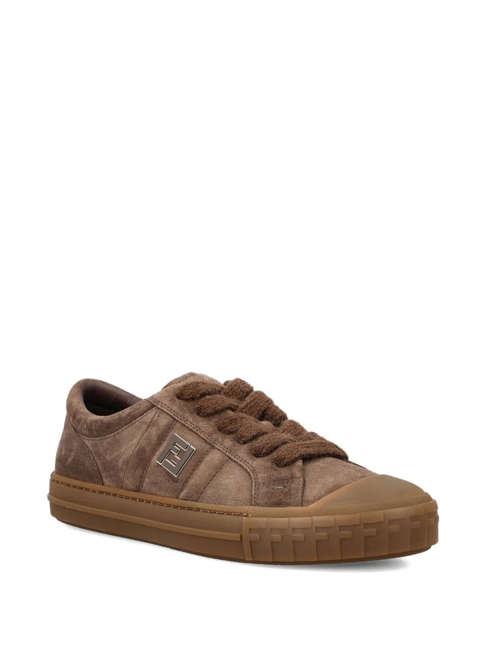Fendi brown suede Domino sneakers, lace-up front and cushioned rubber sole.
