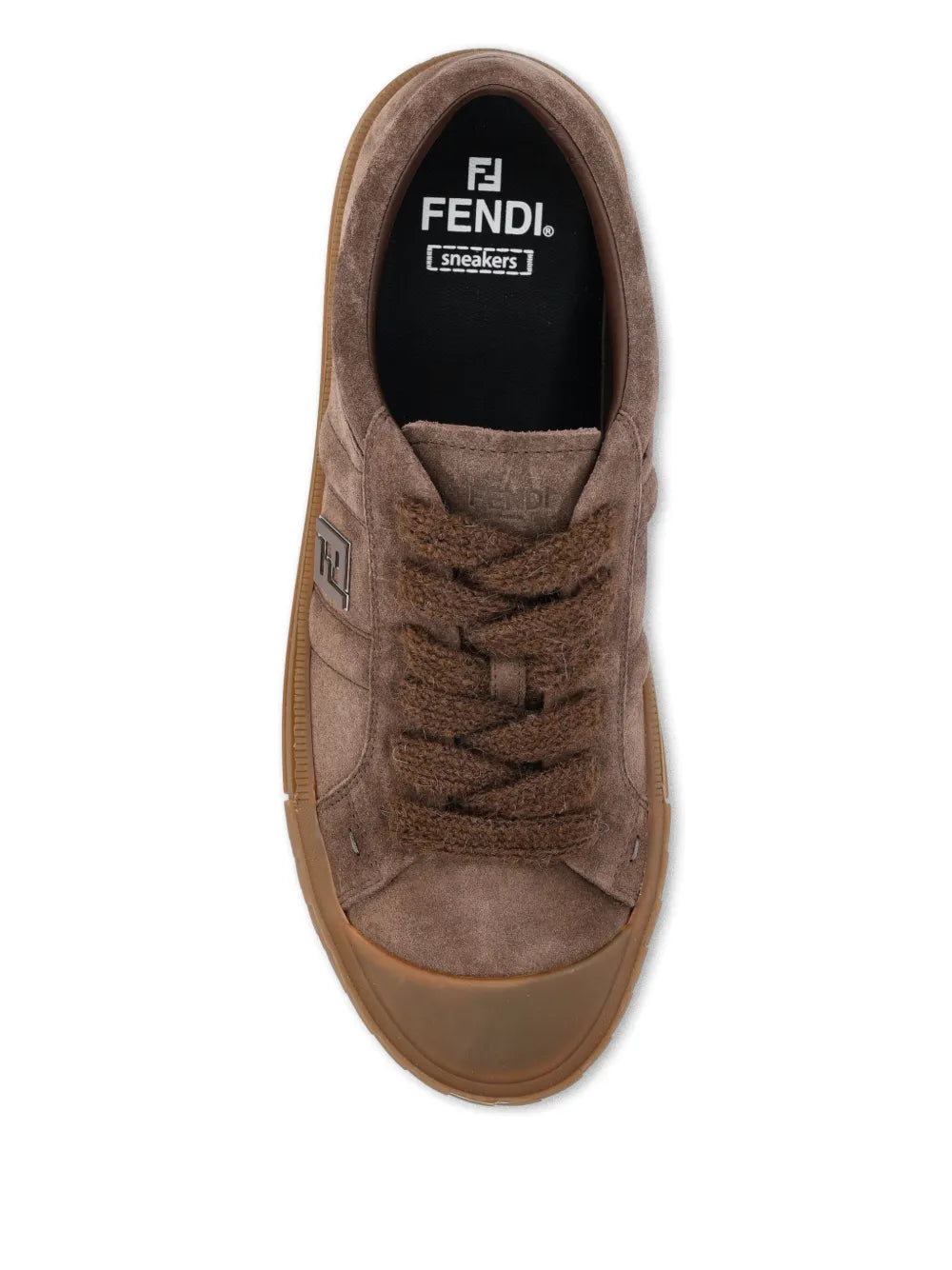 Fendi brown suede sneaker, visible tongue and lining with FENDI sneakers logo.
