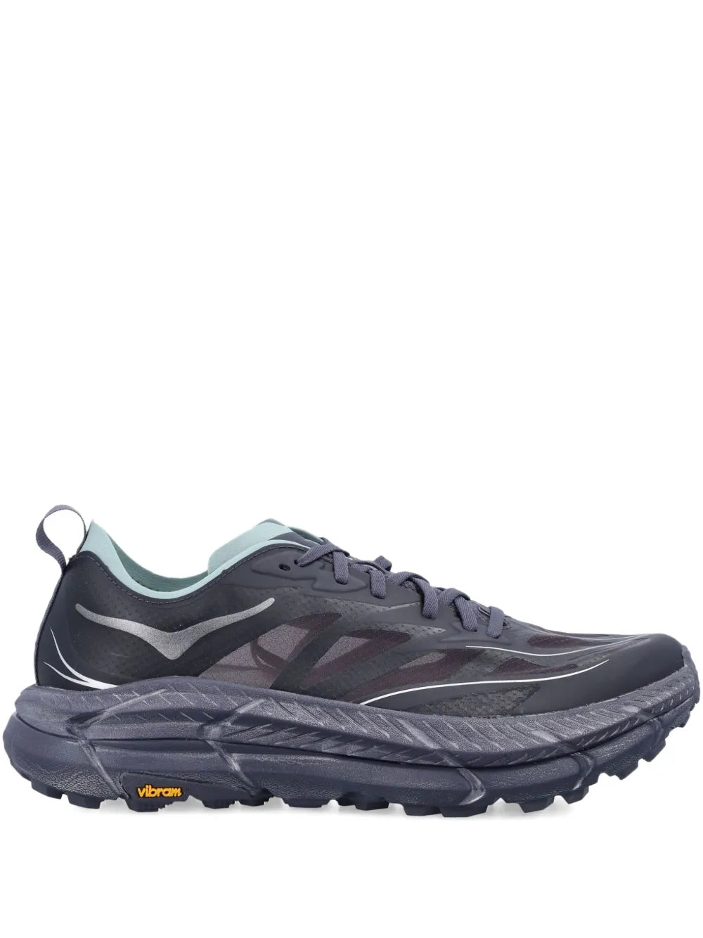 Charcoal Hoka trail sneakers with lace-up mesh upper and rugged Vibram outsole