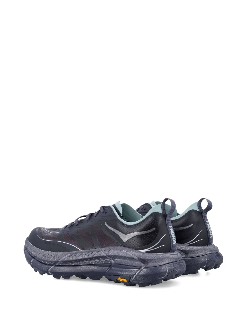 Charcoal/gray lace-up trail sneakers with side logo and chunky rubber sole