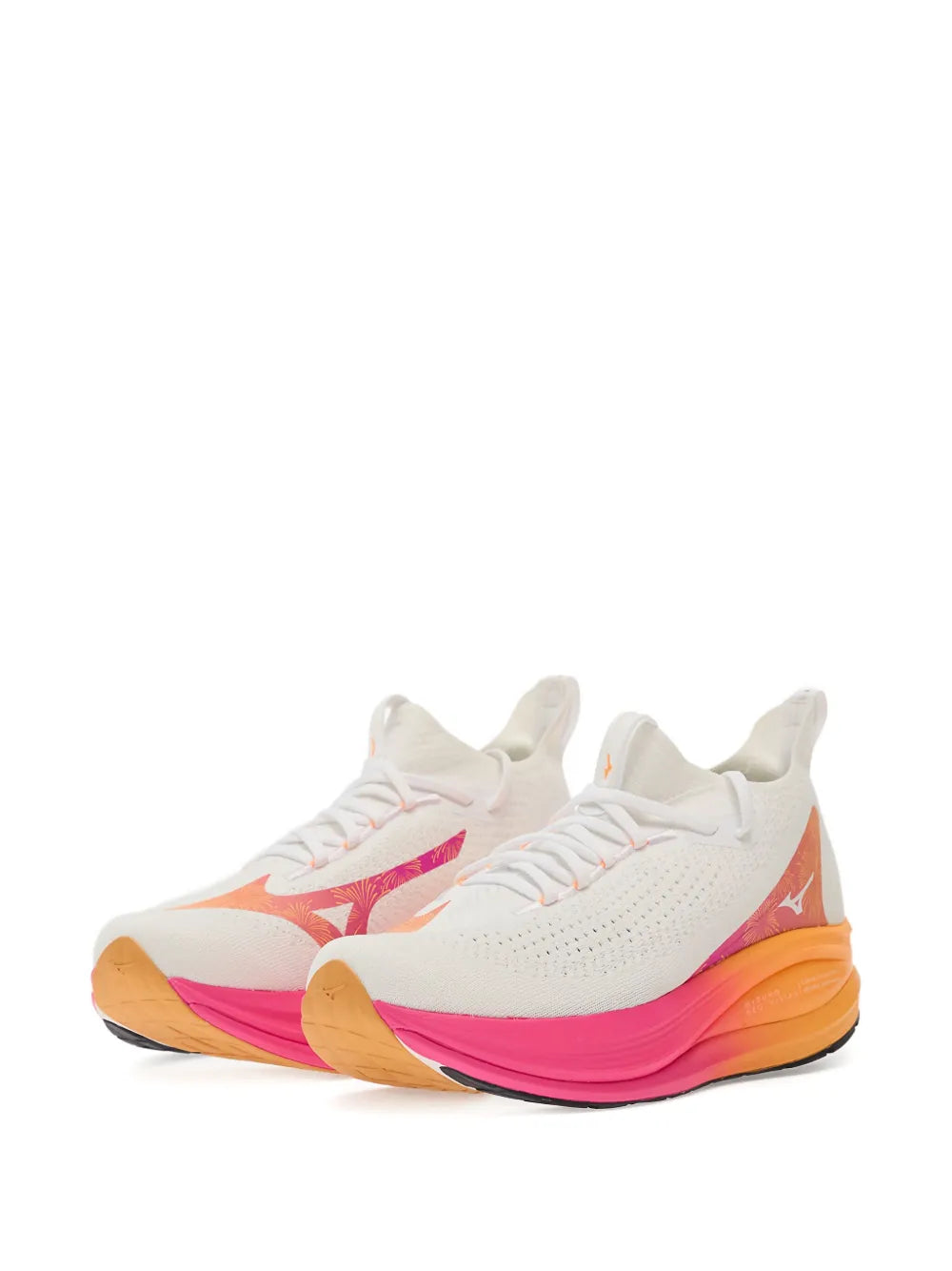 White perforated running sneakers with pink midsole and orange heel accent