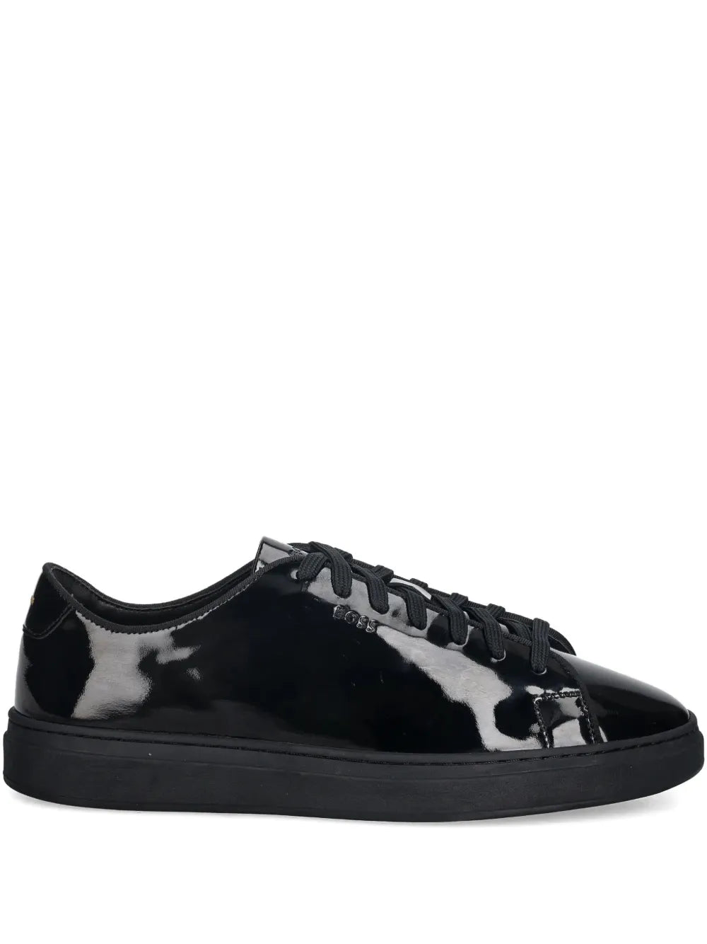 Black lace-up sneakers with shiny panel and contrasting laces, low-top silhouette