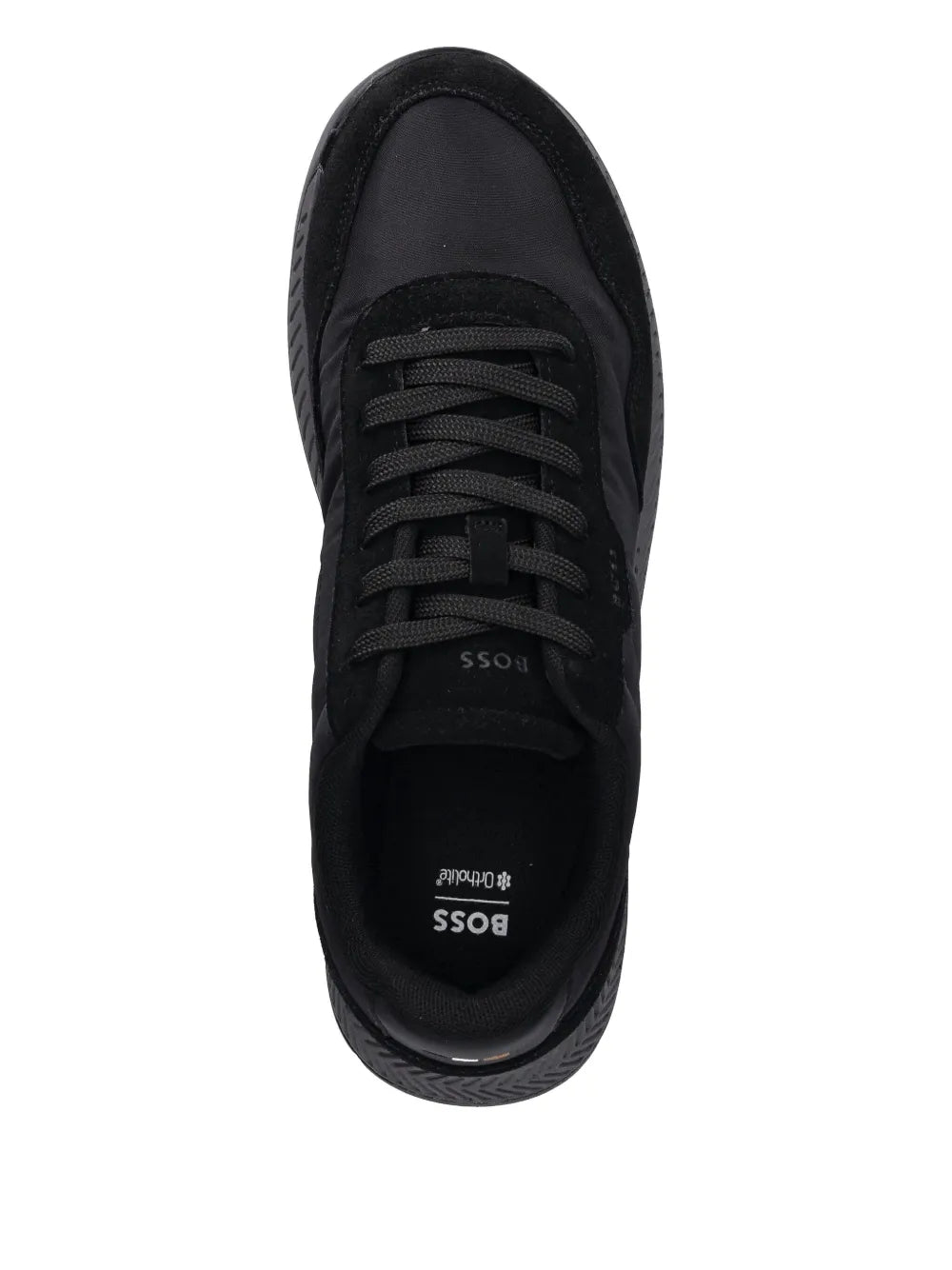 Black Boss lace-up sneakers, front view with padded tongue and lace eyelets
