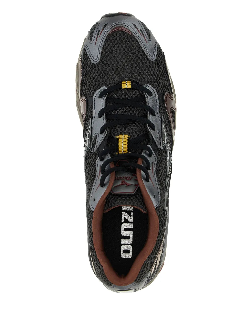 Mizuno Wave Rider 10 grey sneakers, rear view with black mesh upper and lace-up front