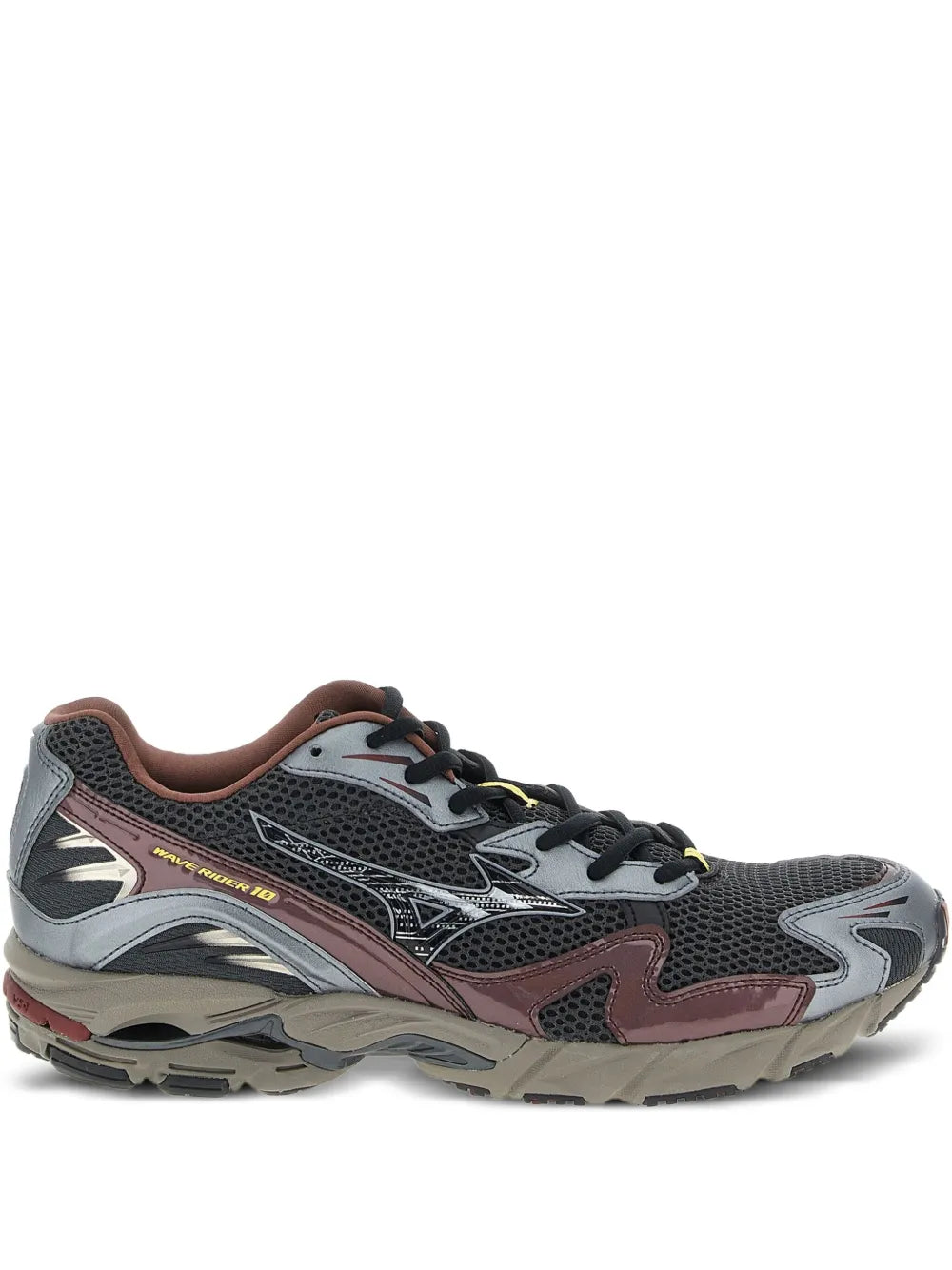 Mizuno Wave Rider 10 grey sneakers with black laces, mesh upper and burgundy accents