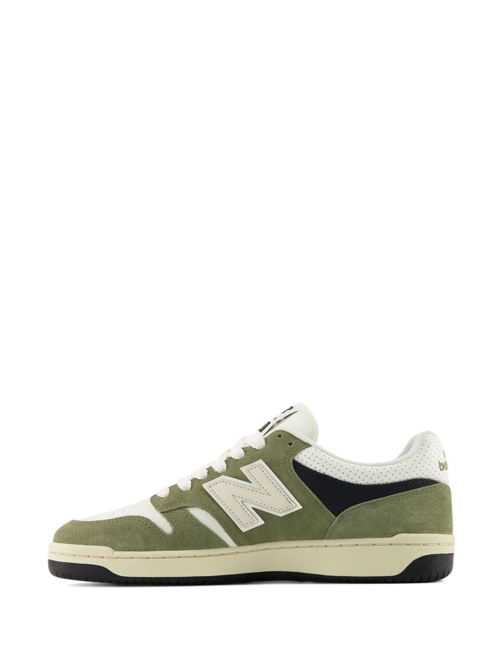 New Balance 480 suede leather sneakers, low profile side view with green-and-white panels
