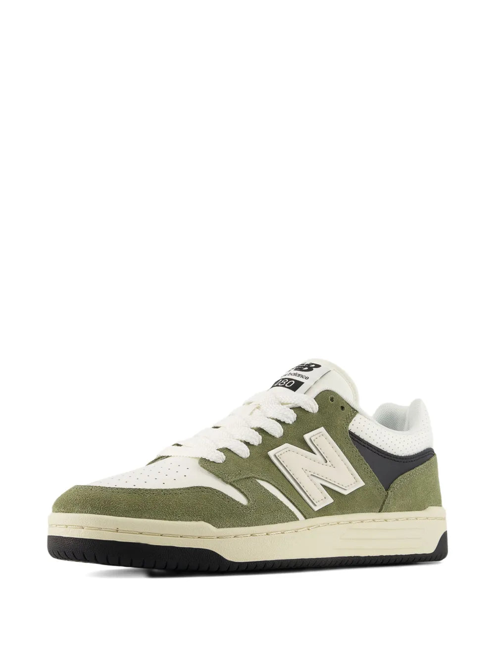 New Balance 480 suede leather sneakers, front quarter view with white laces and green suede