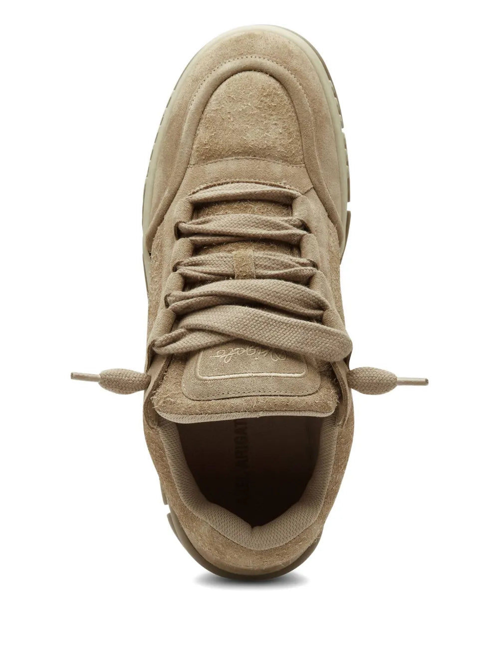 Light brown suede lace-up sneaker, front view with extended tongue and eyelets.