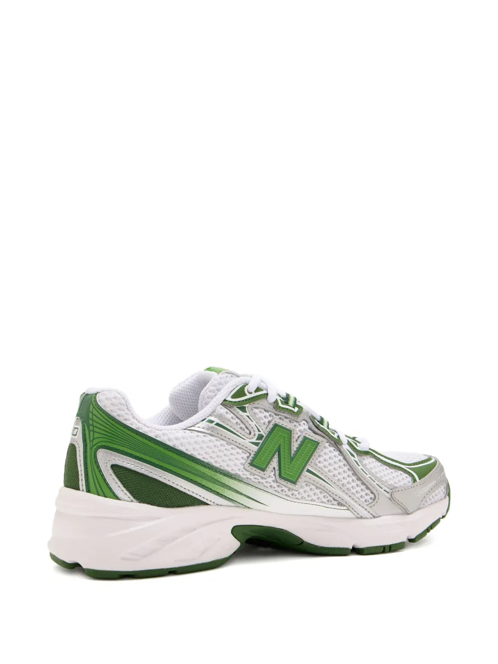 New Balance 740 low-top sneakers in white with green side panels, lace-up.