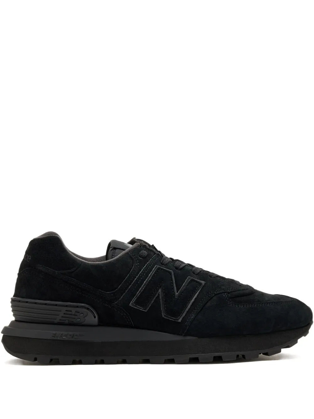 Black New Balance 574 suede sneakers, lace-up with large N logo