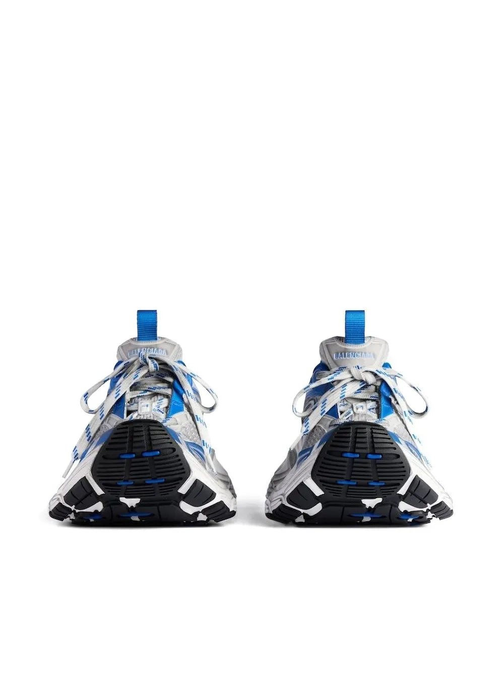 Blue and grey lace-up sneakers, front view with black mesh panels and chunky sole.