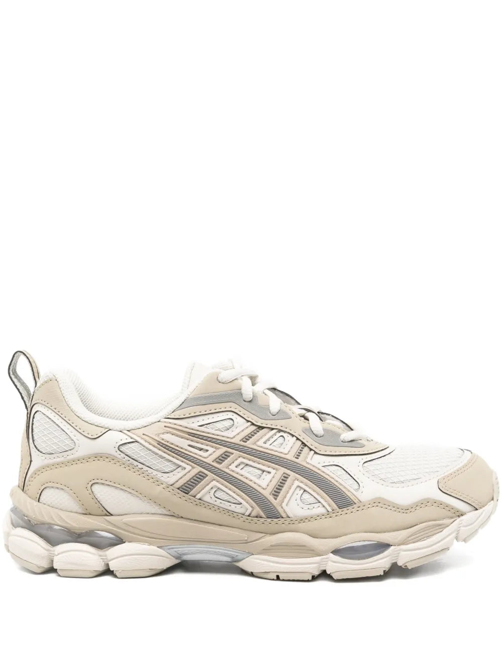 Asics panelled sneakers in light grey and beige, lace-up, chunky rubber sole