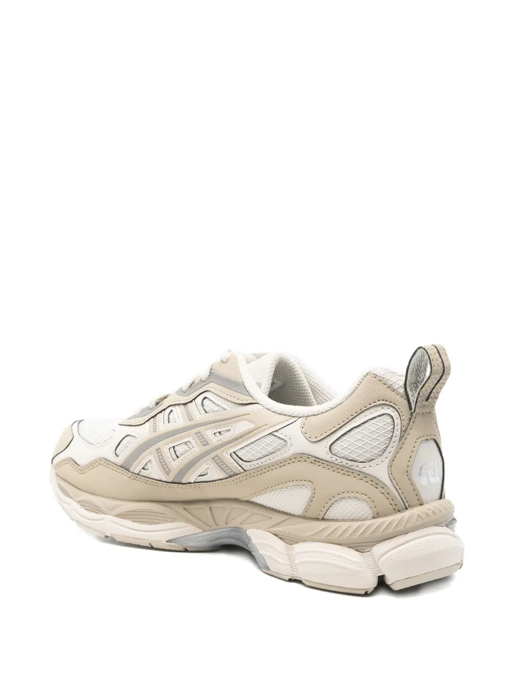 Asics panelled sneakers, heel and side view, light grey with beige overlays, lace-up