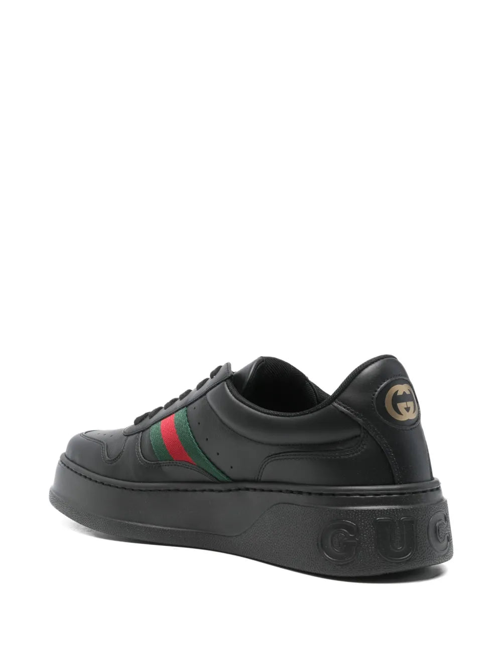 Gucci chunky black sneakers, heel view with green and red web stripe