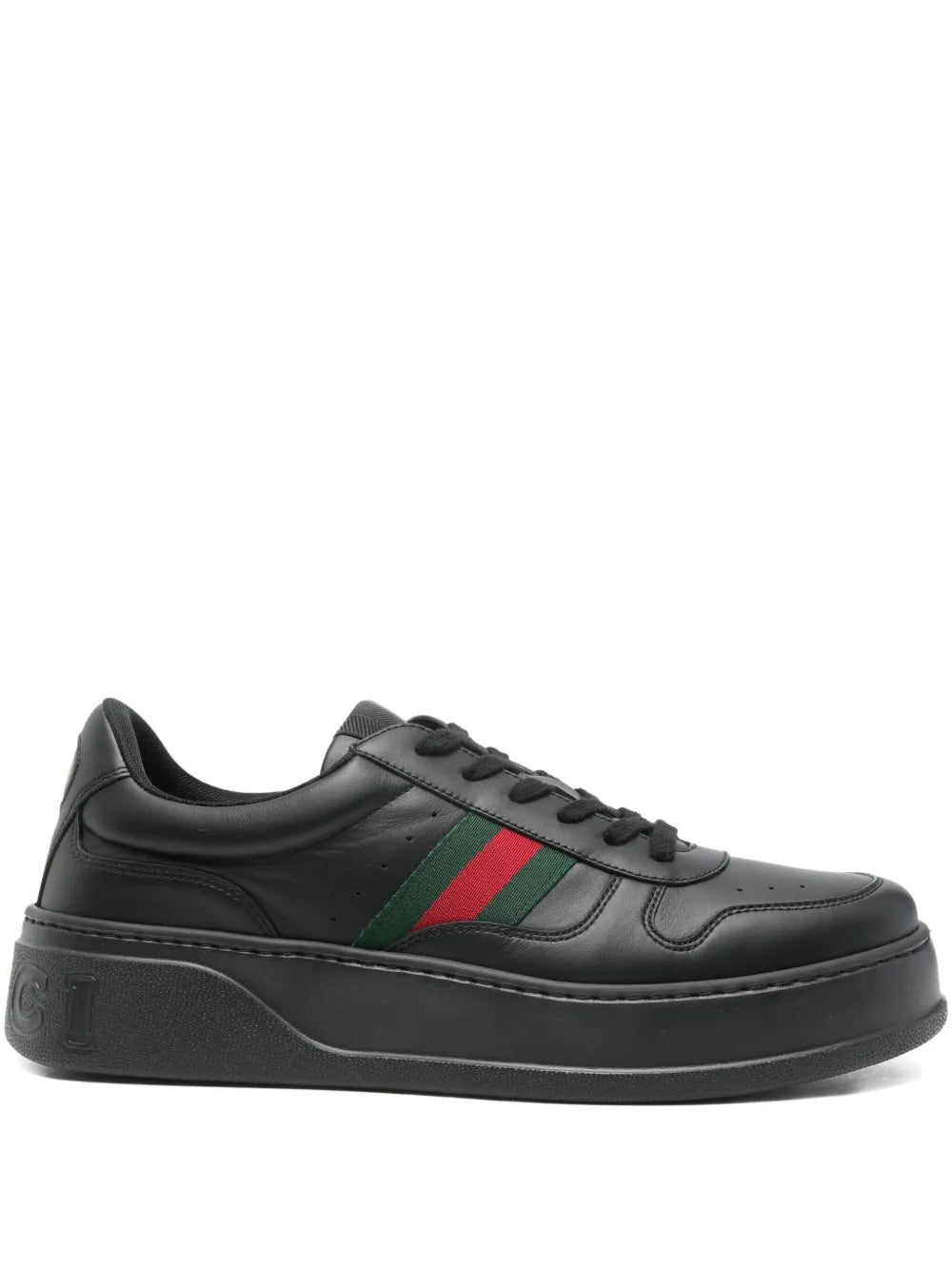 Gucci chunky black sneakers with web stripe in green and red, lace-up