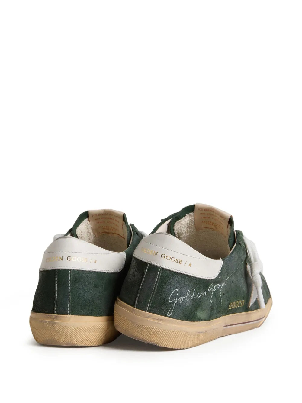 Green leather sneakers with rear view, white heel tab, branded back, tan rubber sole