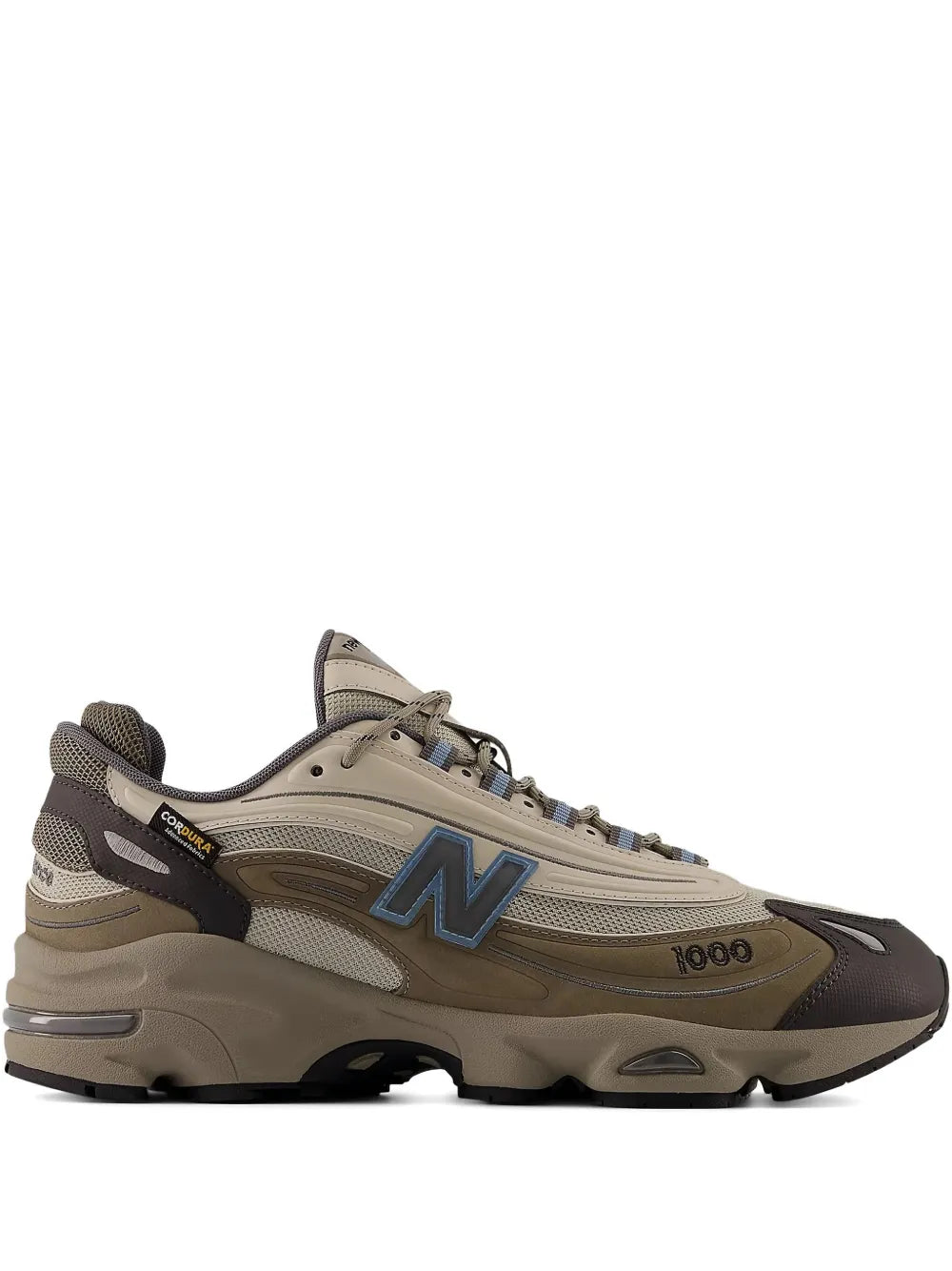 Taupe lace-up sneakers with blue N logo and '1000' side branding.