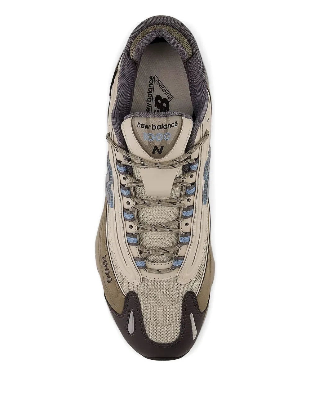 Taupe lace-up sneaker with mesh upper, padded collar, and 'New Balance 1000' tongue label.