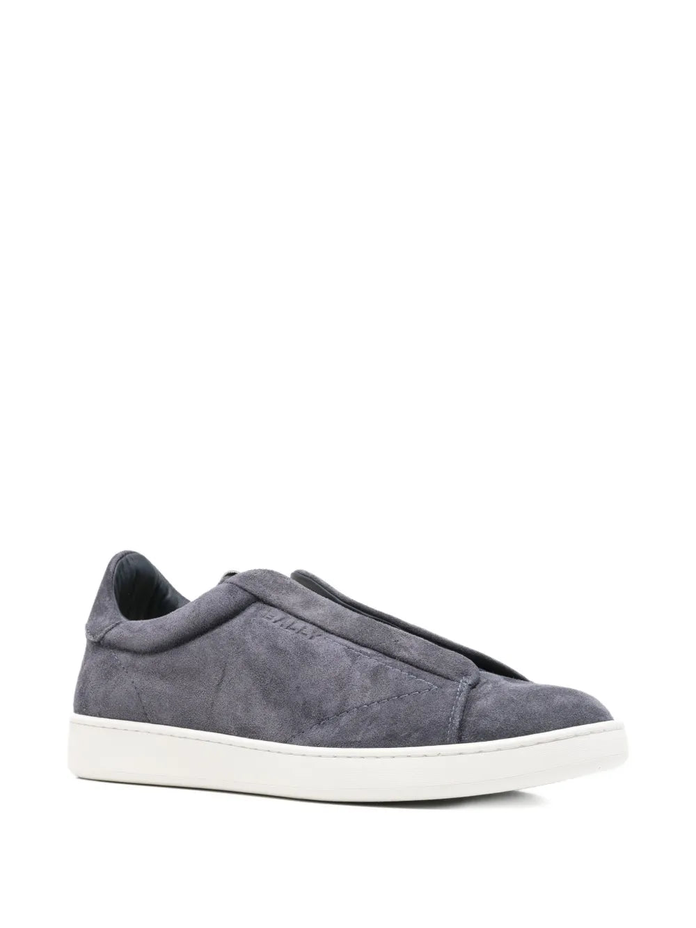 Bally suede sneakers in grey, front/side view, slip-on design