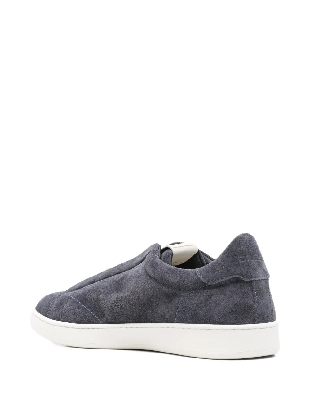 Bally suede sneakers in grey, rear/side view, white low outsole