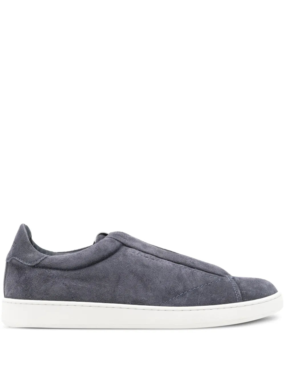 Bally suede sneakers in grey, white rubber sole, side profile