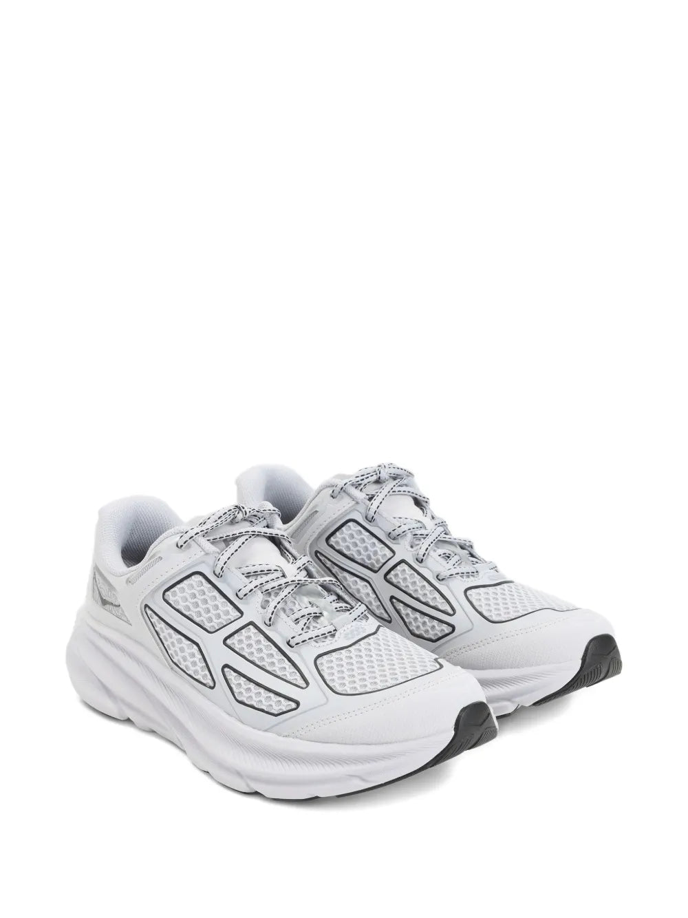 Light grey Hoka panelled sneakers with textured side panels and lace-up front
