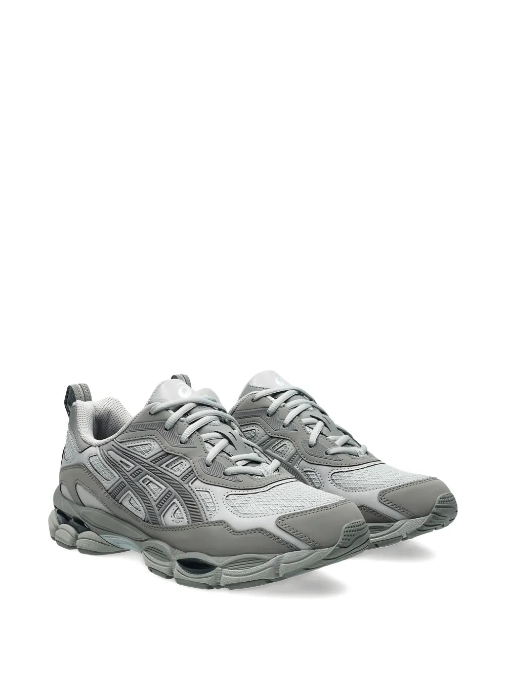 Cement grey Asics Gel-Nyc Rgd sneakers, front side view with lace-up upper