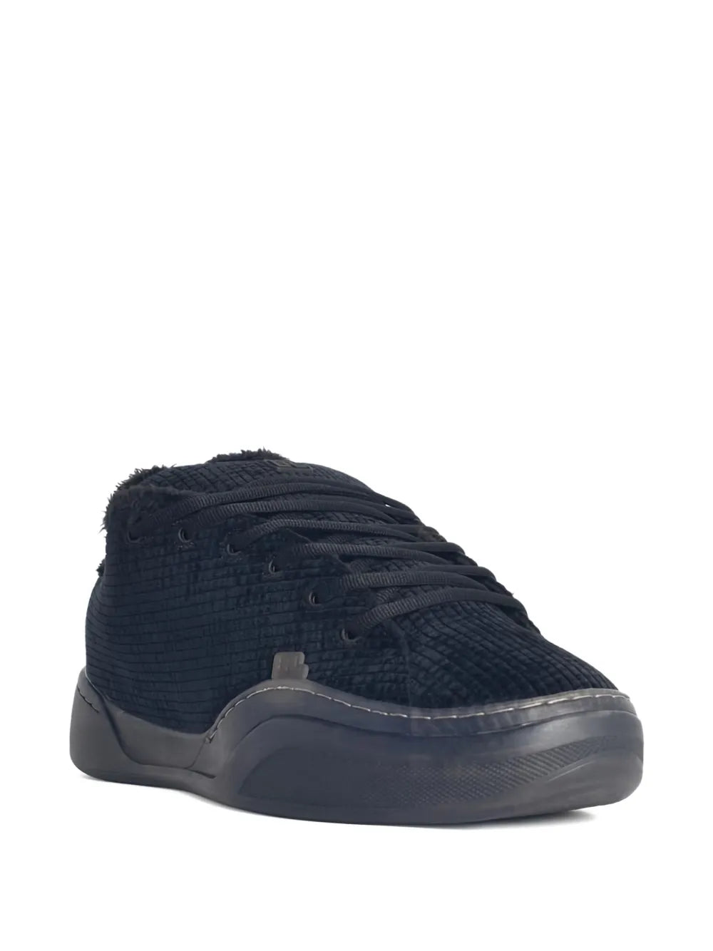 Black corduroy low-top lace-up sneakers with metallic-look vamp accent