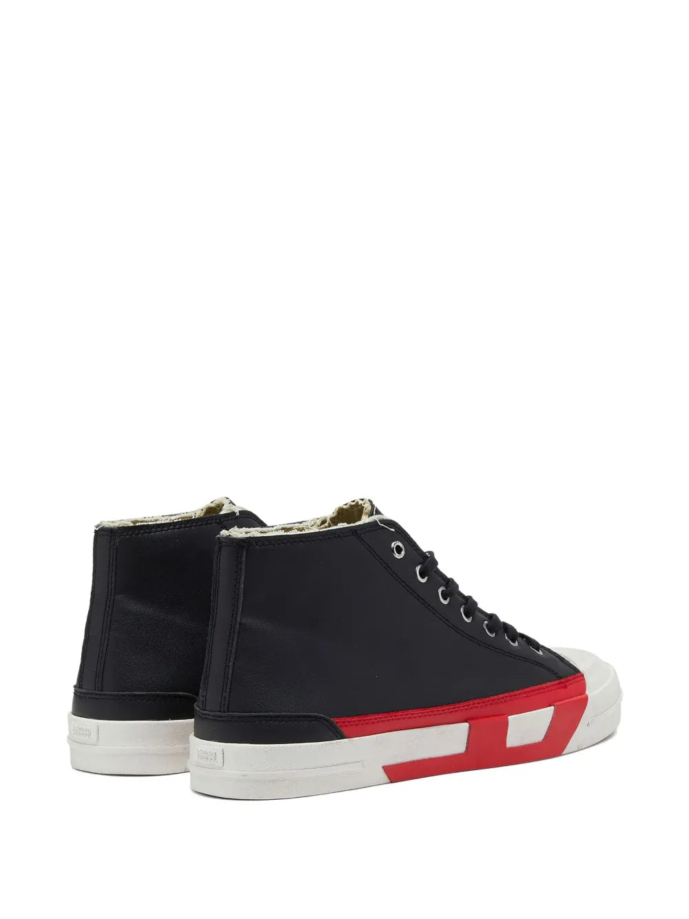 Black mid-top sneakers with red and white heel panel, lace-up with high collar
