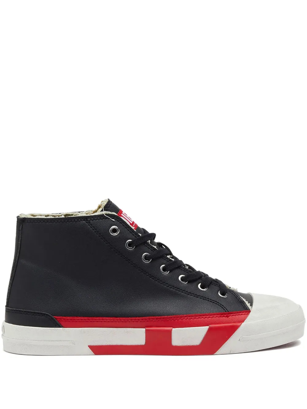Black mid-top sneakers with red side stripe, white foxing and lace-up closure