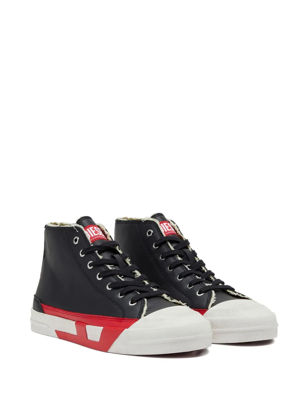 Black mid-top sneakers, pair view, red and white panels with lace-up front