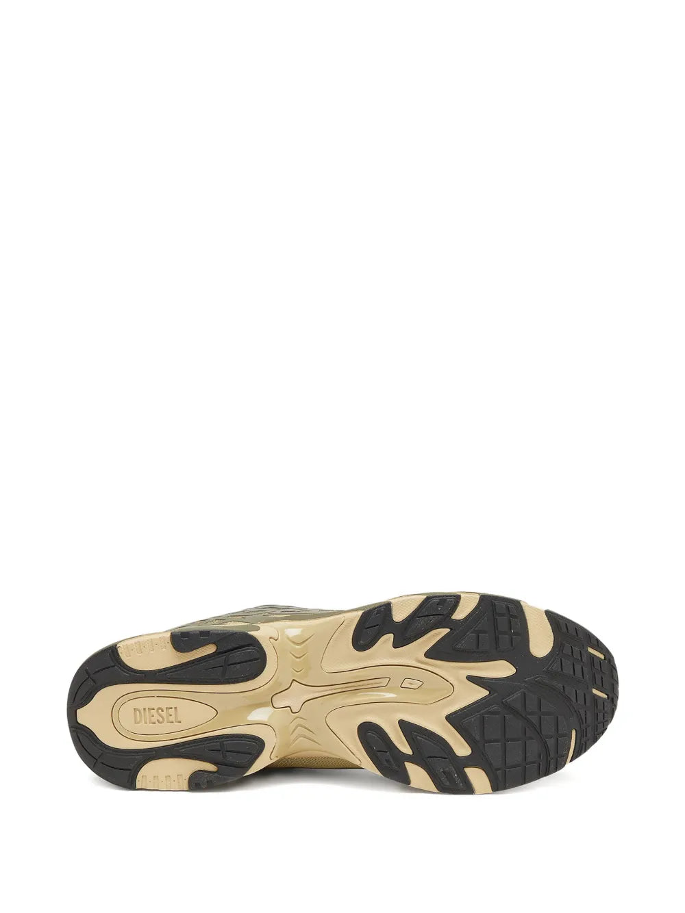 Diesel khaki low sneakers, outsole view with tread and rear logo patch