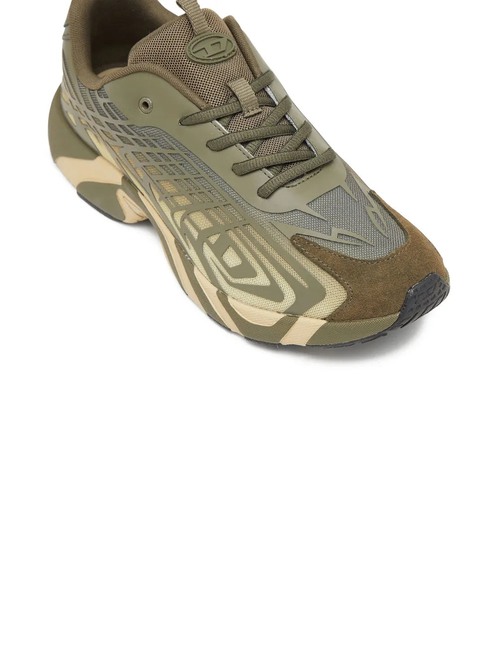 Diesel khaki low sneakers, side view with molded logo pattern and lace-up upper