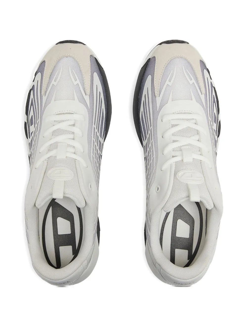 Diesel low-top sneakers, front view of white toe caps with white laces and logo