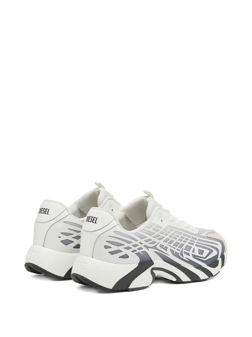 Diesel low-top sneakers pair, white with blue-gray pattern and black heel accents